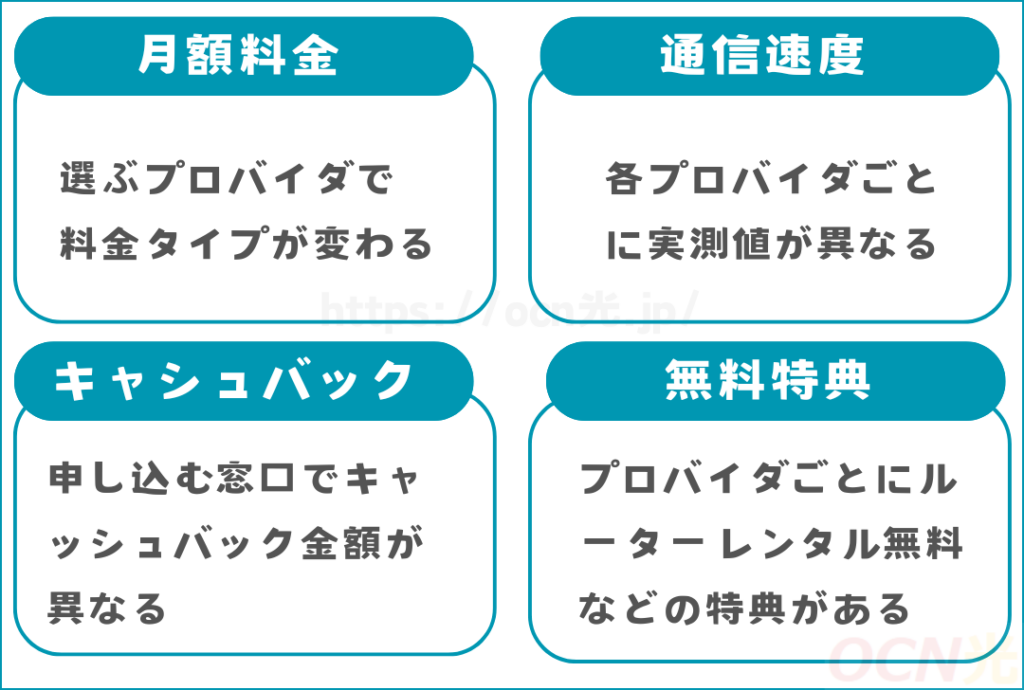 ドコモ光のプロバイダごとの違いは主に4つ